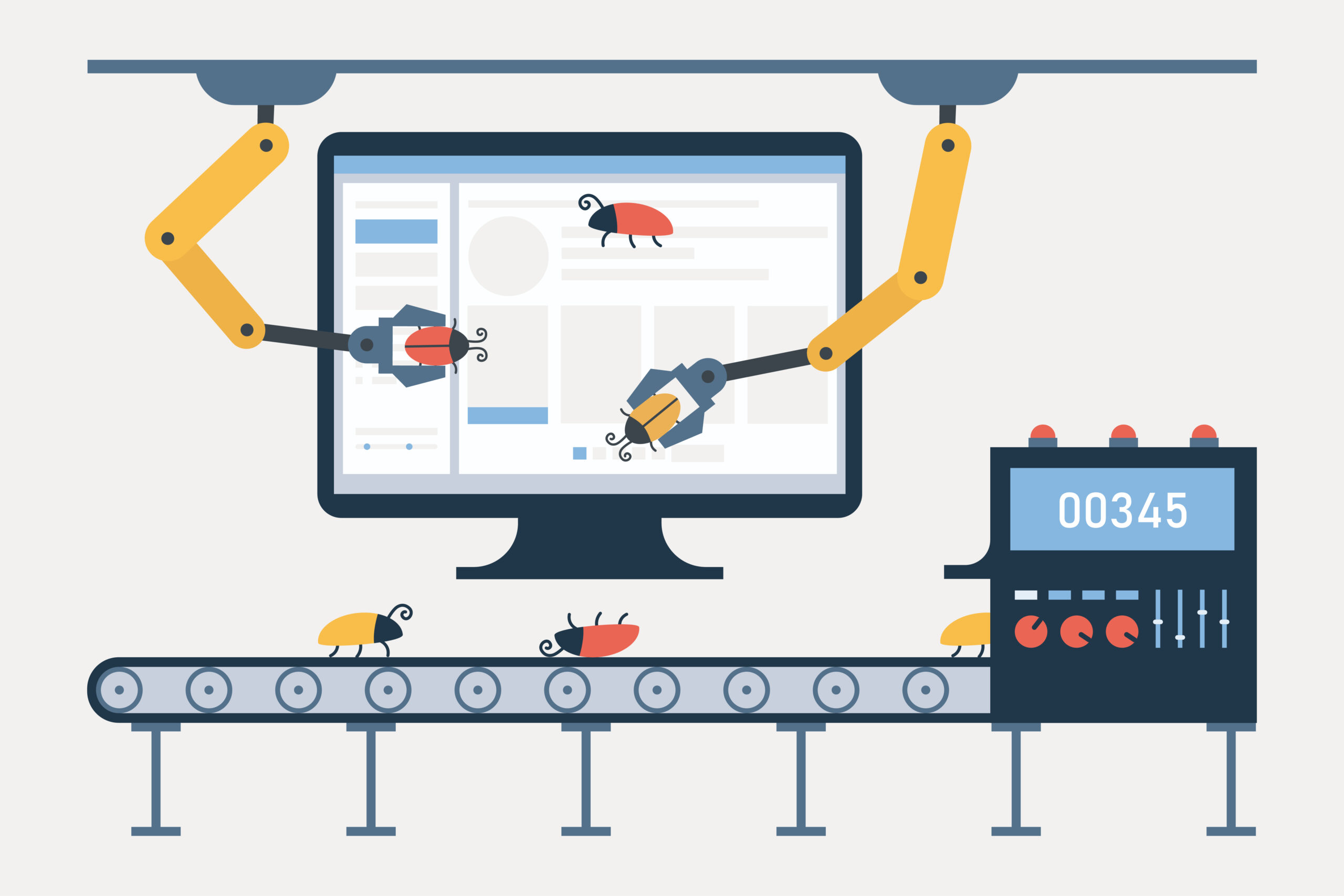 Automated testing. Software auto tester concept. Debugging and quality assurance. Computer, conveyor for bugs, robot arms and defect tracking system