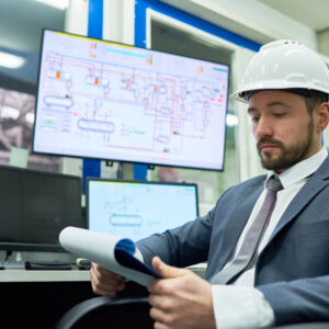 Portrait of bearded businessman wearing hardhat overseeing plant production process while sitting at desk in office and reading reports, copy space