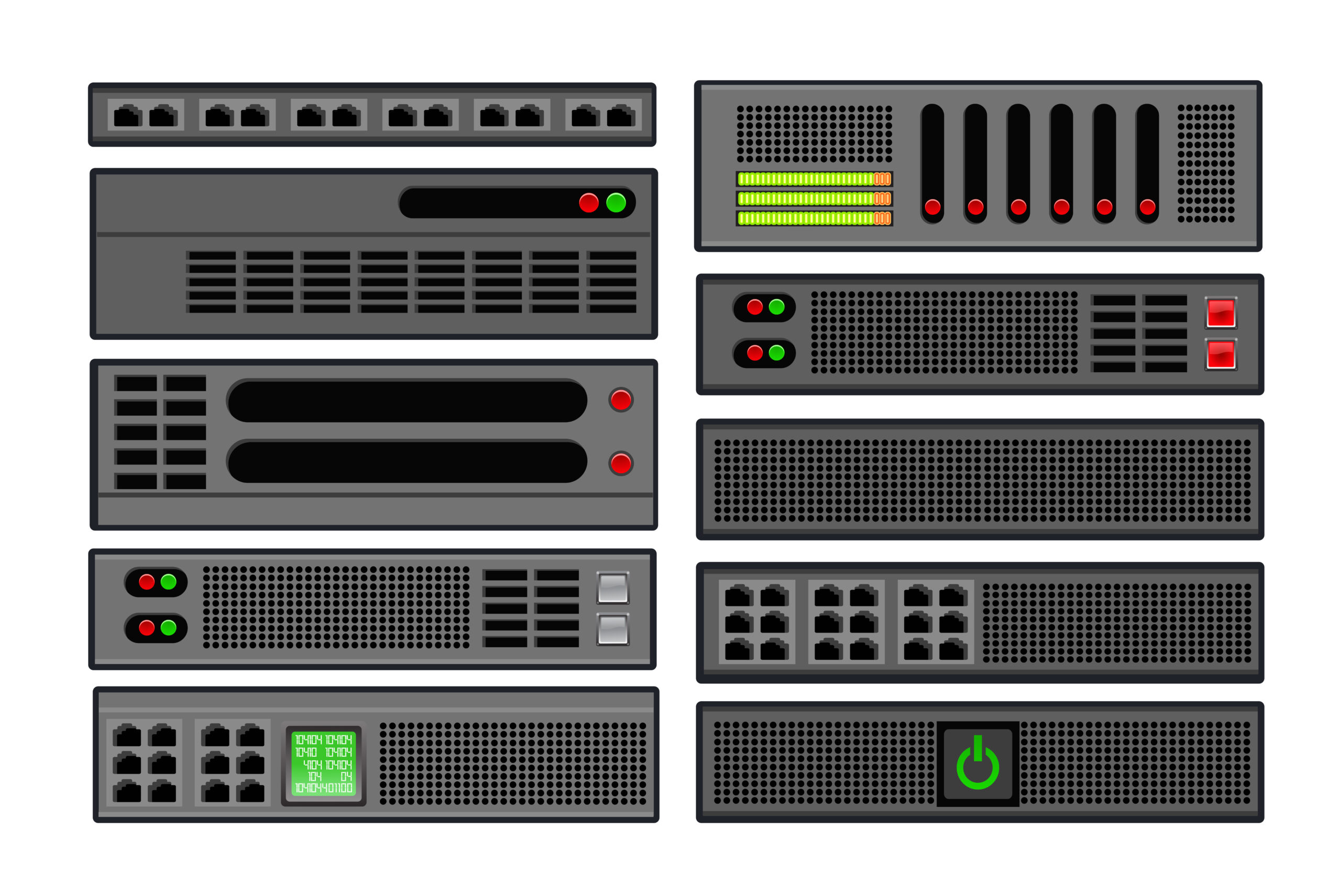 Set of computer server center hosting of business technology blockchain, network internet data. Vector illustration for database storage icon security.