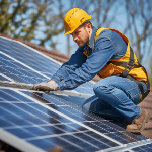 A man in a yellow helmet and safety vest is working on a solar panel. He is wearing a blue shirt and jeans