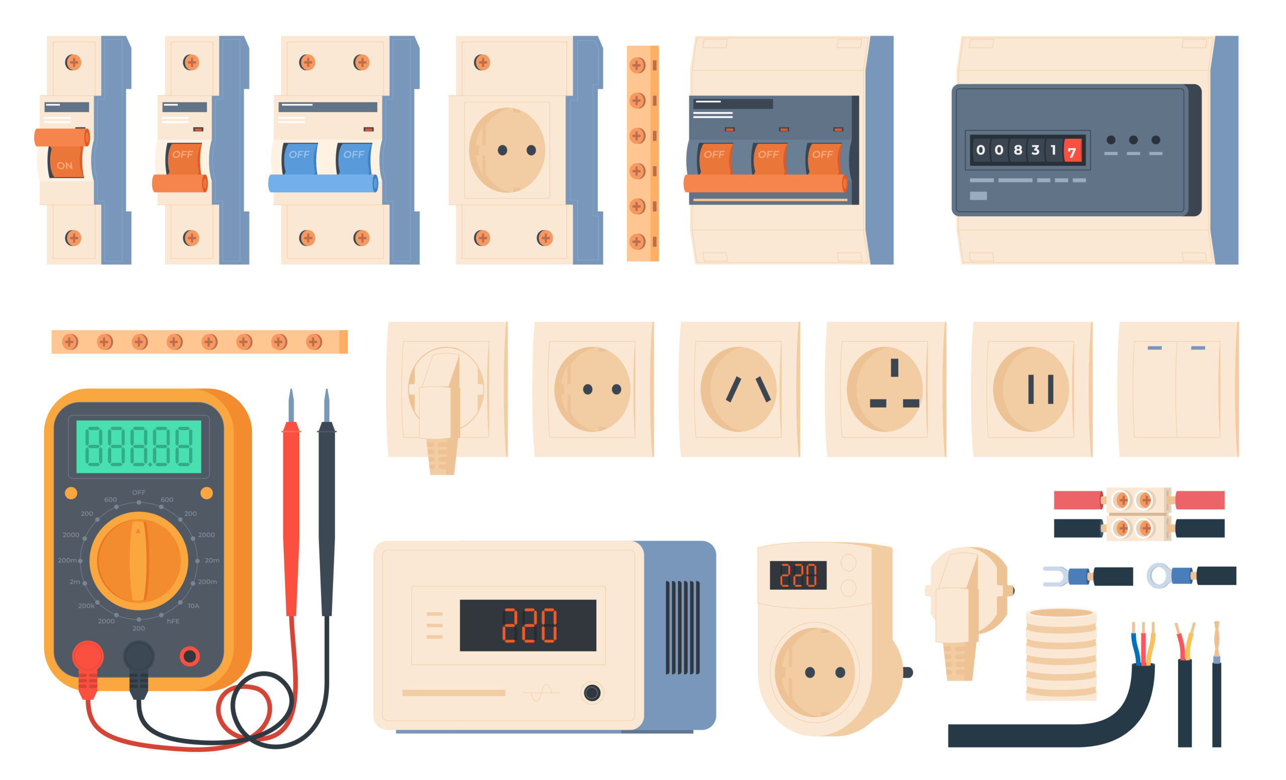 Power tools and equipment for conducting light. Electric panel with electric machines, counters, sockets. Conducting energy into the building.