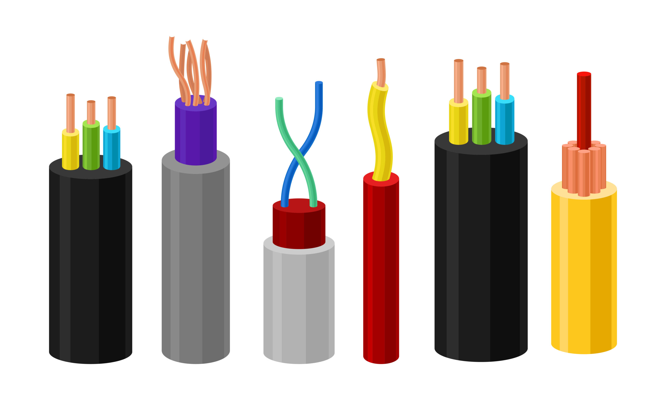 Electric Cables Vector Set. Colorful Electric Wires in Braid Collection. Copper Energy Conductor Concept