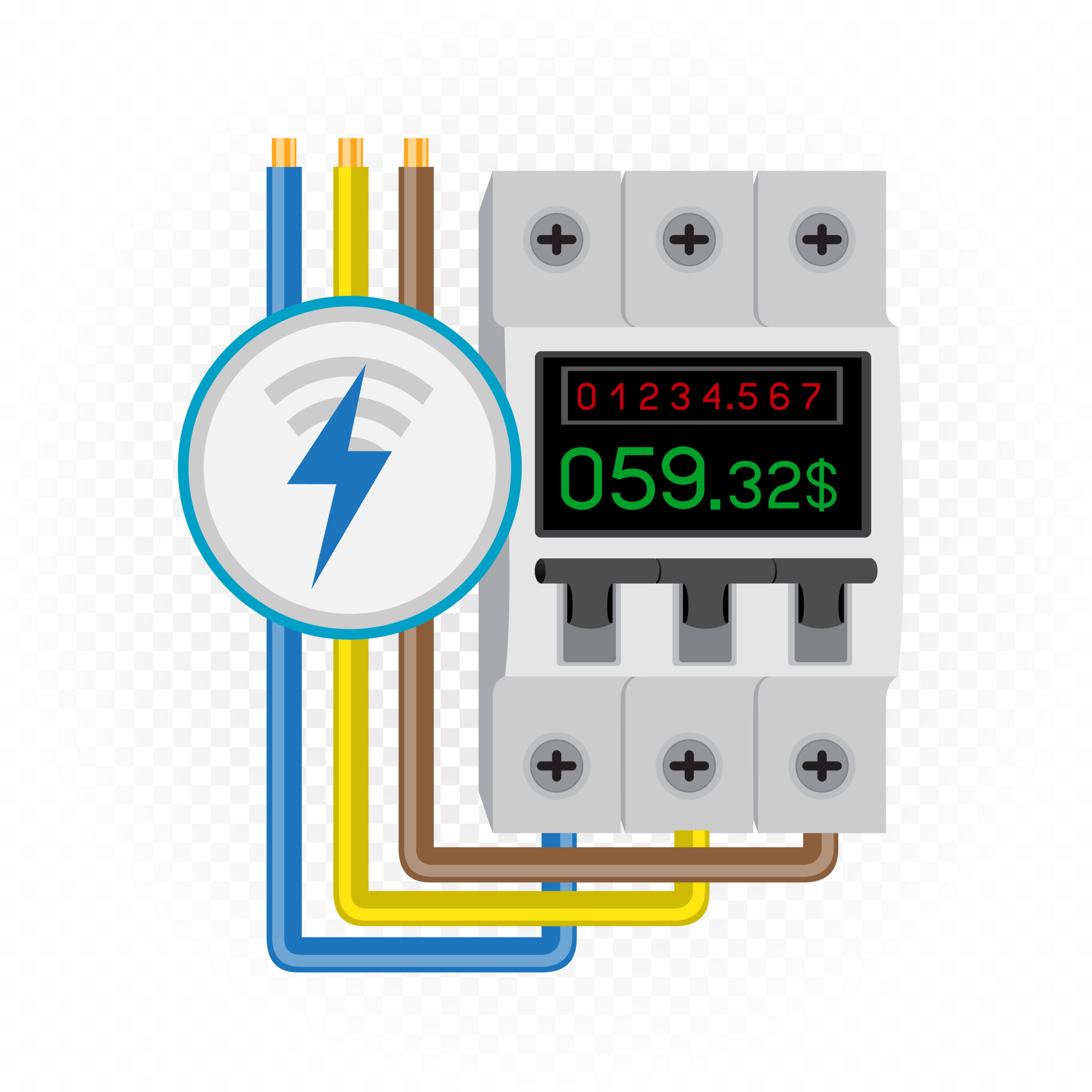 Electric meter icon with counter on breaker and debt amount. White transparent background around