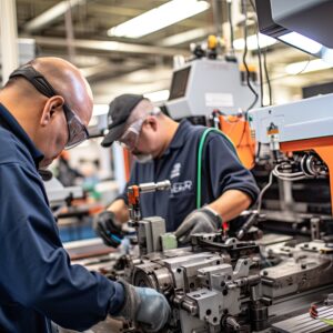 Two men working on a machine in a factory