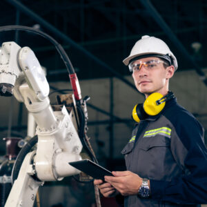 Young factory worker working with adept robotic arm